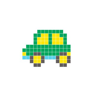 Temiz bir ikon düzeninde geometrik kare renk bloklarından yapılmış düz bir piksel tasarımı. Yaratıcı modern elementler, izole eşyalar ya da parlak zanaat projeleri için uygundur. Piksel sanat elektrikli araba