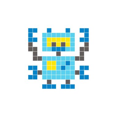 Temiz bir ikon düzeninde geometrik kare renk bloklarından yapılmış düz bir piksel tasarımı. Yaratıcı modern elementler, izole eşyalar ya da parlak zanaat projeleri için uygundur. Piksel Sanat Robotu