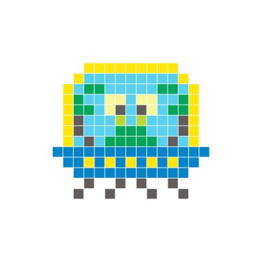 Temiz bir ikon düzeninde geometrik kare renk bloklarından yapılmış düz bir piksel tasarımı. Yaratıcı modern elementler, izole eşyalar ya da parlak zanaat projeleri için uygundur. Piksel Sanat Uzaylısı ve UFO