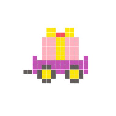 Temiz bir ikon düzeninde geometrik kare renk bloklarından yapılmış düz bir piksel tasarımı. Yaratıcı modern elementler, izole eşyalar ya da parlak zanaat projeleri için uygundur. Pixel sanat arabası ve hediye kutusu