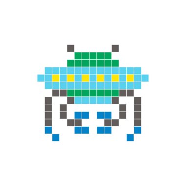 Temiz bir ikon düzeninde geometrik kare renk bloklarından yapılmış düz bir piksel tasarımı. Yaratıcı modern elementler, izole eşyalar ya da parlak zanaat projeleri için uygundur. Piksel Sanat Robotu ve UFO