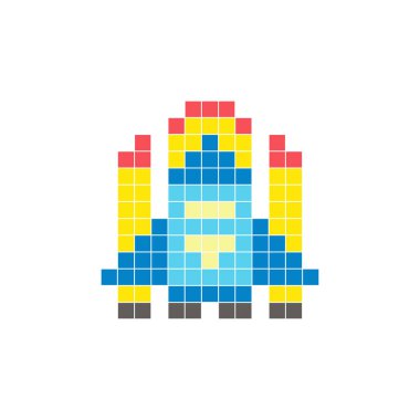 Temiz bir ikon düzeninde geometrik kare renk bloklarından yapılmış düz bir piksel tasarımı. Yaratıcı modern elementler, izole eşyalar ya da parlak zanaat projeleri için uygundur. Piksel Sanat Uzay Aracı