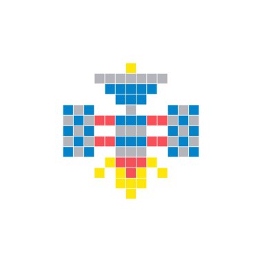 Temiz bir ikon düzeninde geometrik kare renk bloklarından yapılmış düz bir piksel tasarımı. Yaratıcı modern elementler, izole eşyalar ya da parlak zanaat projeleri için uygundur. Piksel sanat uydusu