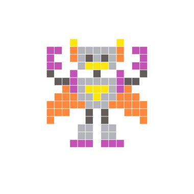 Temiz bir ikon düzeninde geometrik kare renk bloklarından yapılmış düz bir piksel tasarımı. Yaratıcı modern elementler, izole eşyalar ya da parlak zanaat projeleri için uygundur. Piksel Sanat Robotu