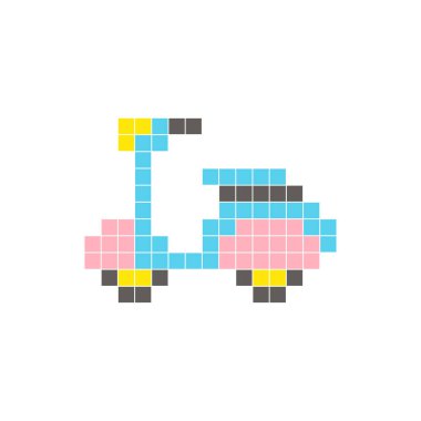 Temiz bir ikon düzeninde geometrik kare renk bloklarından yapılmış düz bir piksel tasarımı. Yaratıcı modern elementler, izole eşyalar ya da parlak zanaat projeleri için uygundur. Piksel sanat scooter 'ı