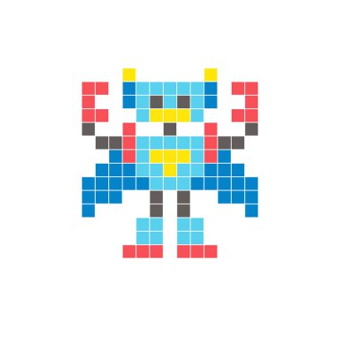 Temiz bir ikon düzeninde geometrik kare renk bloklarından yapılmış düz bir piksel tasarımı. Yaratıcı modern elementler, izole eşyalar ya da parlak zanaat projeleri için uygundur. Piksel Sanat Robotu