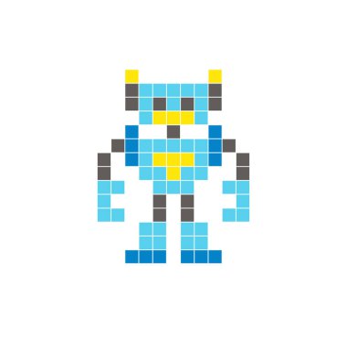 Temiz bir ikon düzeninde geometrik kare renk bloklarından yapılmış düz bir piksel tasarımı. Yaratıcı modern elementler, izole eşyalar ya da parlak zanaat projeleri için uygundur. Piksel Sanat Robotu