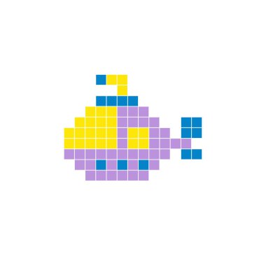 Temiz bir ikon düzeninde geometrik kare renk bloklarından yapılmış düz bir piksel tasarımı. Yaratıcı modern elementler, izole eşyalar ya da parlak zanaat projeleri için uygundur. Piksel sanat denizaltısı