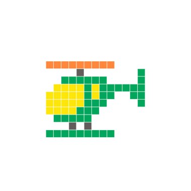 Temiz bir ikon düzeninde geometrik kare renk bloklarından yapılmış düz bir piksel tasarımı. Yaratıcı modern elementler, izole eşyalar ya da parlak zanaat projeleri için uygundur. Piksel sanat helikopteri