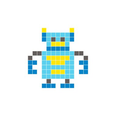 Temiz bir ikon düzeninde geometrik kare renk bloklarından yapılmış düz bir piksel tasarımı. Yaratıcı modern elementler, izole eşyalar ya da parlak zanaat projeleri için uygundur. Piksel Sanat Robotu