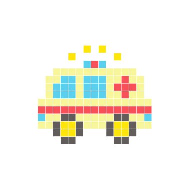 Temiz bir ikon düzeninde geometrik kare renk bloklarından yapılmış düz bir piksel tasarımı. Yaratıcı modern elementler, izole eşyalar ya da parlak zanaat projeleri için uygundur. Piksel sanat ambulansı