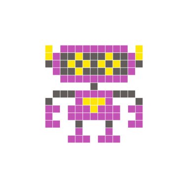 Temiz bir ikon düzeninde geometrik kare renk bloklarından yapılmış düz bir piksel tasarımı. Yaratıcı modern elementler, izole eşyalar ya da parlak zanaat projeleri için uygundur. Piksel Sanat Robotu