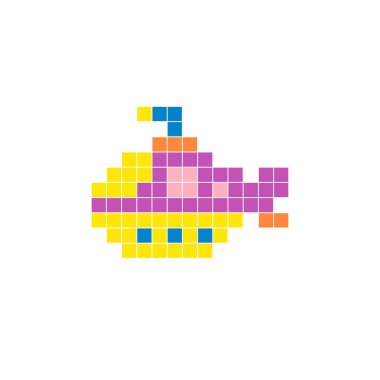 Temiz bir ikon düzeninde geometrik kare renk bloklarından yapılmış düz bir piksel tasarımı. Yaratıcı modern elementler, izole eşyalar ya da parlak zanaat projeleri için uygundur. Piksel sanat denizaltısı