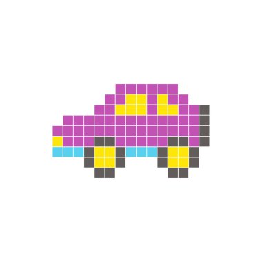 Temiz bir ikon düzeninde geometrik kare renk bloklarından yapılmış düz bir piksel tasarımı. Yaratıcı modern elementler, izole eşyalar ya da parlak zanaat projeleri için uygundur. Piksel sanat arabası