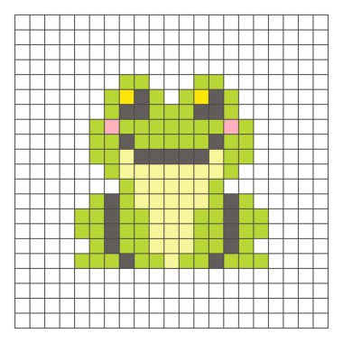 Temiz bir ızgara düzeni üzerinde geometrik kare renk bloklarından yapılmış düz bir piksel tasarımı. Eğitici oyun unsurları, simgeler ya da el sanatları modelleri için uygundur. Piksel Sanat Kurbağası