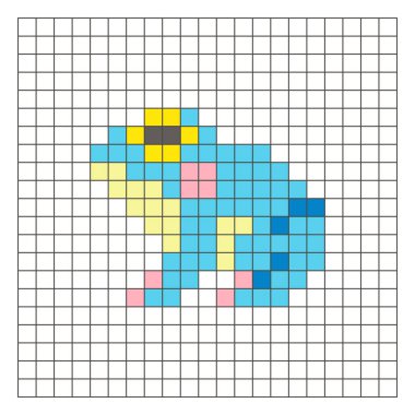 Temiz bir ızgara düzeni üzerinde geometrik kare renk bloklarından yapılmış düz bir piksel tasarımı. Eğitici oyun unsurları, simgeler ya da el sanatları modelleri için uygundur. Piksel Sanat Kurbağası
