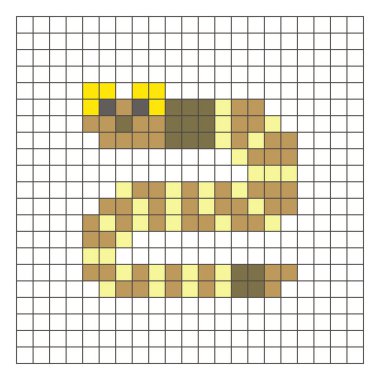 Temiz bir ızgara düzeni üzerinde geometrik kare renk bloklarından yapılmış düz bir piksel tasarımı. Eğitici oyun unsurları, simgeler ya da el sanatları modelleri için uygundur. Piksel resim solucanı