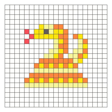Temiz bir ızgara düzeni üzerinde geometrik kare renk bloklarından yapılmış düz bir piksel tasarımı. Eğitici oyun unsurları, simgeler ya da el sanatları modelleri için uygundur. Piksel sanat pitonu
