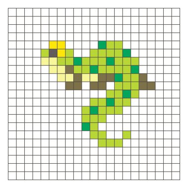 Temiz bir ızgara düzeni üzerinde geometrik kare renk bloklarından yapılmış düz bir piksel tasarımı. Eğitici oyun unsurları, simgeler ya da el sanatları modelleri için uygundur. Piksel Sanat Kertenkelesi