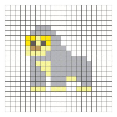 Temiz bir ızgara düzeni üzerinde geometrik kare renk bloklarından yapılmış düz bir piksel tasarımı. Eğitici oyun unsurları, simgeler ya da el sanatları modelleri için uygundur. Piksel sanat gorili