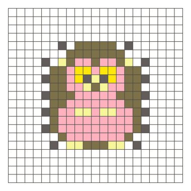 Temiz bir ızgara düzeni üzerinde geometrik kare renk bloklarından yapılmış düz bir piksel tasarımı. Eğitici oyun unsurları, simgeler ya da el sanatları modelleri için uygundur. Pixel sanat kirpisi
