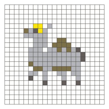 Temiz bir ızgara düzeni üzerinde geometrik kare renk bloklarından yapılmış düz bir piksel tasarımı. Eğitici oyun unsurları, simgeler ya da el sanatları modelleri için uygundur. Piksel sanat devesi