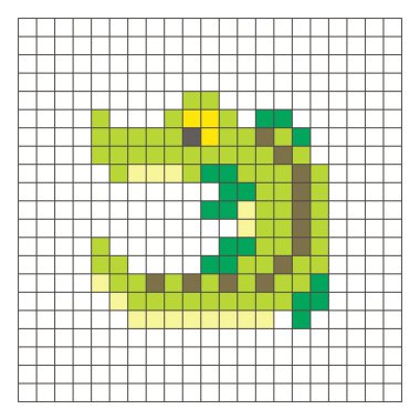Temiz bir ızgara düzeni üzerinde geometrik kare renk bloklarından yapılmış düz bir piksel tasarımı. Eğitici oyun unsurları, simgeler ya da el sanatları modelleri için uygundur. Piksel Sanat Timsahı