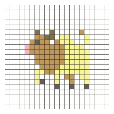Temiz bir ızgara düzeni üzerinde geometrik kare renk bloklarından yapılmış düz bir piksel tasarımı. Eğitici oyun unsurları, simgeler ya da el sanatları modelleri için uygundur. Piksel sanat ineği