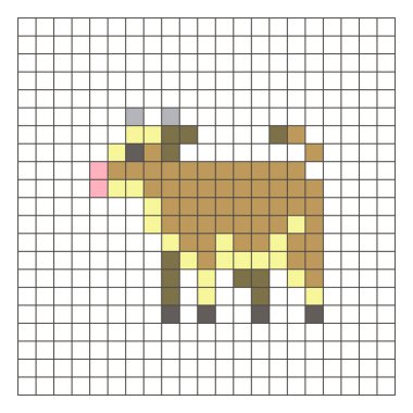 Temiz bir ızgara düzeni üzerinde geometrik kare renk bloklarından yapılmış düz bir piksel tasarımı. Eğitici oyun unsurları, simgeler ya da el sanatları modelleri için uygundur. Piksel sanat ineği