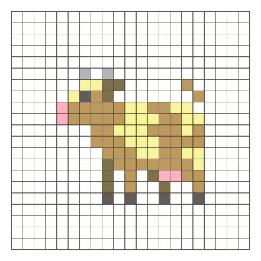Temiz bir ızgara düzeni üzerinde geometrik kare renk bloklarından yapılmış düz bir piksel tasarımı. Eğitici oyun unsurları, simgeler ya da el sanatları modelleri için uygundur. Piksel sanat ineği