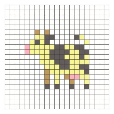 Temiz bir ızgara düzeni üzerinde geometrik kare renk bloklarından yapılmış düz bir piksel tasarımı. Eğitici oyun unsurları, simgeler ya da el sanatları modelleri için uygundur. Piksel sanat ineği