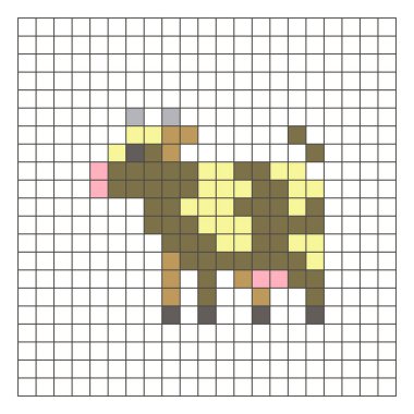 Temiz bir ızgara düzeni üzerinde geometrik kare renk bloklarından yapılmış düz bir piksel tasarımı. Eğitici oyun unsurları, simgeler ya da el sanatları modelleri için uygundur. Piksel sanat ineği