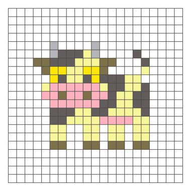 Temiz bir ızgara düzeni üzerinde geometrik kare renk bloklarından yapılmış düz bir piksel tasarımı. Eğitici oyun unsurları, simgeler ya da el sanatları modelleri için uygundur. Piksel sanat ineği