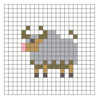 Temiz bir ızgara düzeni üzerinde geometrik kare renk bloklarından yapılmış düz bir piksel tasarımı. Eğitici oyun unsurları, simgeler ya da el sanatları modelleri için uygundur. Pixel sanat bufalosu