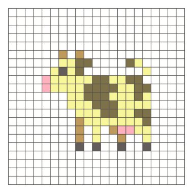 Temiz bir ızgara düzeni üzerinde geometrik kare renk bloklarından yapılmış düz bir piksel tasarımı. Eğitici oyun unsurları, simgeler ya da el sanatları modelleri için uygundur. Piksel sanat ineği