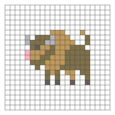 Temiz bir ızgara düzeni üzerinde geometrik kare renk bloklarından yapılmış düz bir piksel tasarımı. Eğitici oyun unsurları, simgeler ya da el sanatları modelleri için uygundur. Piksel sanat bizonu