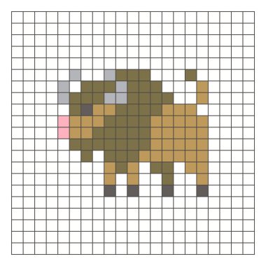 Temiz bir ızgara düzeni üzerinde geometrik kare renk bloklarından yapılmış düz bir piksel tasarımı. Eğitici oyun unsurları, simgeler ya da el sanatları modelleri için uygundur. Piksel sanat bizonu