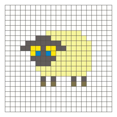 Temiz bir ızgara düzeni üzerinde geometrik kare renk bloklarından yapılmış düz bir piksel tasarımı. Eğitici oyun unsurları, simgeler ya da el sanatları modelleri için uygundur. Piksel sanat koyunu