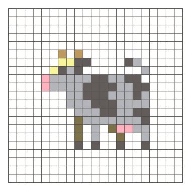 Temiz bir ızgara düzeni üzerinde geometrik kare renk bloklarından yapılmış düz bir piksel tasarımı. Eğitici oyun unsurları, simgeler ya da el sanatları modelleri için uygundur. Piksel sanat ineği