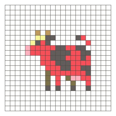 Temiz bir ızgara düzeni üzerinde geometrik kare renk bloklarından yapılmış düz bir piksel tasarımı. Eğitici oyun unsurları, simgeler ya da el sanatları modelleri için uygundur. Piksel sanat ineği