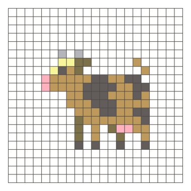 Temiz bir ızgara düzeni üzerinde geometrik kare renk bloklarından yapılmış düz bir piksel tasarımı. Eğitici oyun unsurları, simgeler ya da el sanatları modelleri için uygundur. Piksel sanat ineği