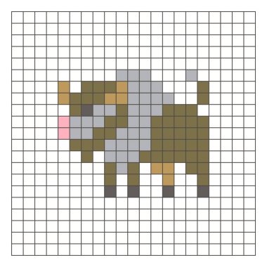 Temiz bir ızgara düzeni üzerinde geometrik kare renk bloklarından yapılmış düz bir piksel tasarımı. Eğitici oyun unsurları, simgeler ya da el sanatları modelleri için uygundur. Piksel sanat bizonu