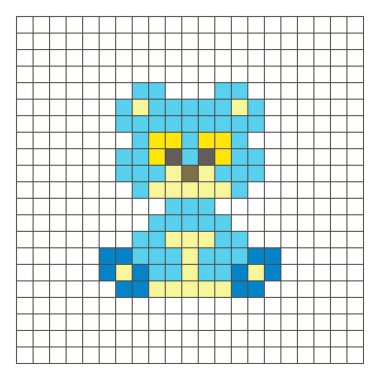 Temiz bir ızgara düzeni üzerinde geometrik kare renk bloklarından yapılmış düz bir piksel tasarımı. Eğitici oyun unsurları, simgeler ya da el sanatları modelleri için uygundur. Piksel Sanat Ayısı