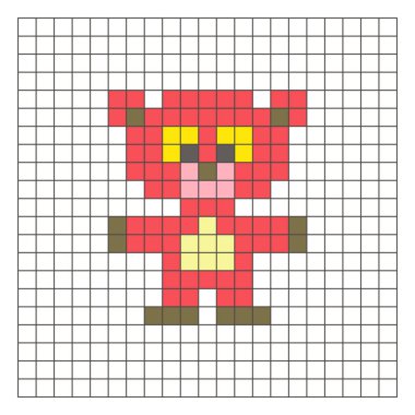 Temiz bir ızgara düzeni üzerinde geometrik kare renk bloklarından yapılmış düz bir piksel tasarımı. Eğitici oyun unsurları, simgeler ya da el sanatları modelleri için uygundur. Piksel Sanat Ayısı