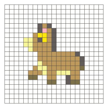 Temiz bir ızgara düzeni üzerinde geometrik kare renk bloklarından yapılmış düz bir piksel tasarımı. Eğitici oyun unsurları, simgeler ya da el sanatları modelleri için uygundur. Piksel sanat eşeği