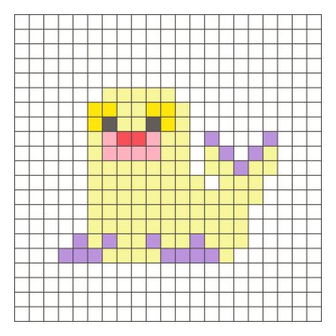 Temiz bir ızgara düzeni üzerinde geometrik kare renk bloklarından yapılmış düz bir piksel tasarımı. Eğitici oyun unsurları, simgeler ya da el sanatları modelleri için uygundur. Piksel resim mührü
