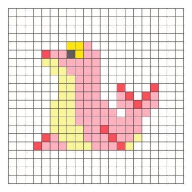 Temiz bir ızgara düzeni üzerinde geometrik kare renk bloklarından yapılmış düz bir piksel tasarımı. Eğitici oyun unsurları, simgeler ya da el sanatları modelleri için uygundur. Piksel resim mührü