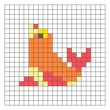 Temiz bir ızgara düzeni üzerinde geometrik kare renk bloklarından yapılmış düz bir piksel tasarımı. Eğitici oyun unsurları, simgeler ya da el sanatları modelleri için uygundur. Piksel resim mührü