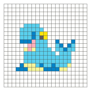 Temiz bir ızgara düzeni üzerinde geometrik kare renk bloklarından yapılmış düz bir piksel tasarımı. Eğitici oyun unsurları, simgeler ya da el sanatları modelleri için uygundur. Piksel sanat fili foku