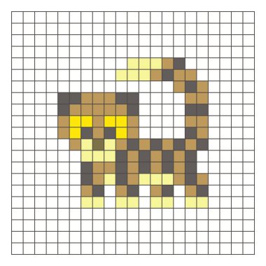 Temiz bir ızgara düzeni üzerinde geometrik kare renk bloklarından yapılmış düz bir piksel tasarımı. Eğitici oyun unsurları, simgeler ya da el sanatları modelleri için uygundur. Pikselli kar leoparı